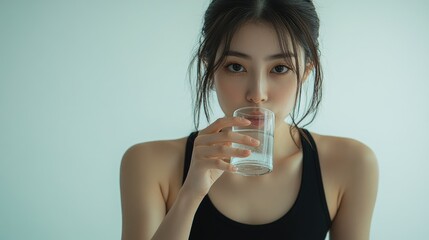 A beautiful Japanese woman is drinking water from the glass. Portrait. close up view