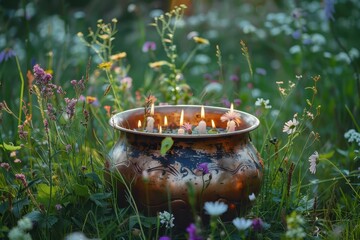 Copper cauldron with flowers magical candles herbs occult ritual witchcraft spiritual practice Background with abstract nature