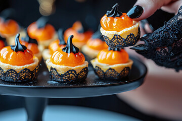 Wall Mural - Mini Jack-O-Lantern Tarts being decorated by hands wearing black lace gloves, halloween treats