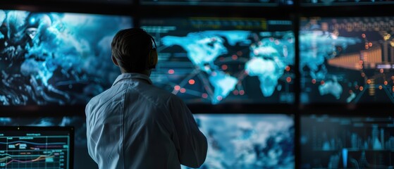 Poster - A researcher analyzes data on multiple screens in a modern control room, showcasing technological advancements and global connectivity.