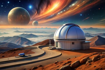 Futuristic observatory on mars overlooking stunning planetary scenery under breathtaking sky