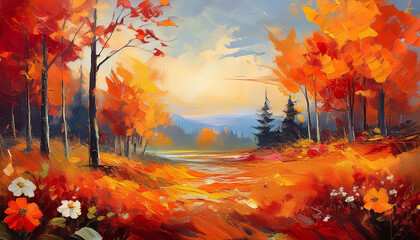 Oil painting of autumn landscape with rough brushstrokes. Beautiful wild flowers. Vibrant fall colors.