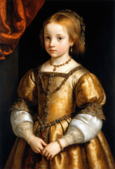 Wall Mural - Renaissance-style painting portrait of a little girl in royal attire, Generative AI