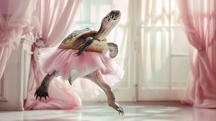 A whimsical turtle in a pink tutu leaps gracefully in a bright ballroom, capturing the essence of joyful dance and imagination.