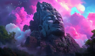 Wall Mural - Ancient Stone Face Emerges from Misty Mountainside