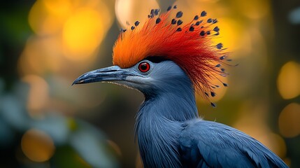 A close-up portrait of a grey bird with a bright orange and red crest, its red eye staring intently at the camera, against a bokeh background.