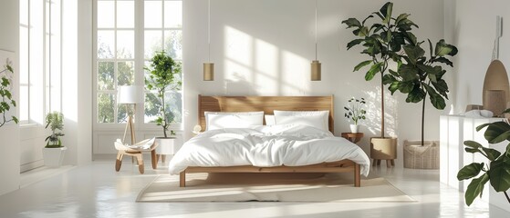 Wall Mural - Bright and airy bedroom featuring a wooden bed, decorative plants, and large windows for a refreshing atmosphere.