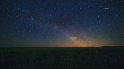 Canvas Print -  The sky glows with stars and a dazzling Milky Way above tall grass, while a lone plane soars in the distance