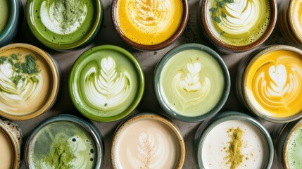 A variety of colorful lattes in small cups, arranged in a grid pattern.