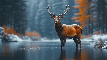 majestic red deer stag stands in a snowy forest river, looking directly at the camera.