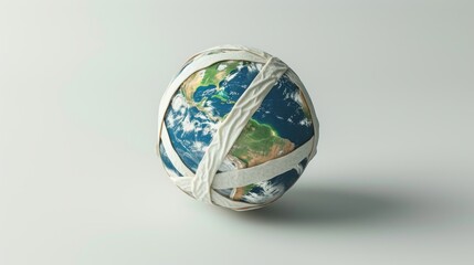 A digital representation of Earth encased in white medical bandages, symbolizing the global health crisis. The minimalist composition underscores the planet's vulnerability, evoking themes of care