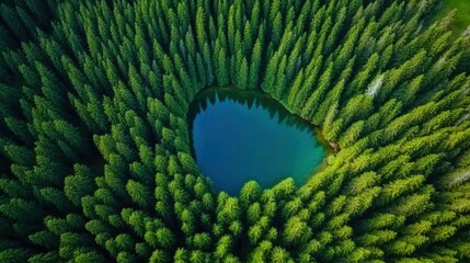 Poster - Aerial view of a small pond surrounded by green trees, AI