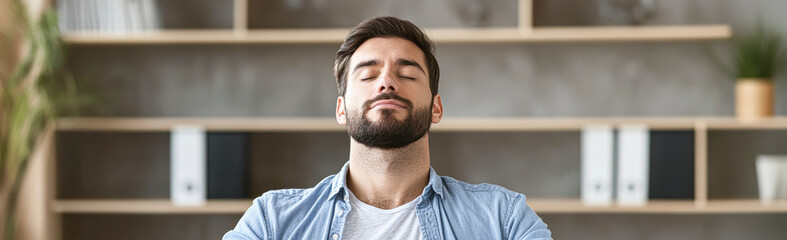 Poster - A man is sitting in a room with a bookcase behind him