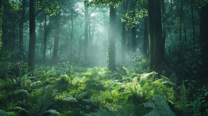 Wall Mural -   A dense green forest brims with numerous trees and ferns under a radiant sunlight in its heart