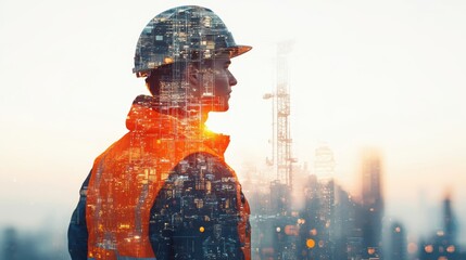 banner background featuring double exposure of engineer in safety vest and blueprint, representing the construction industry concept