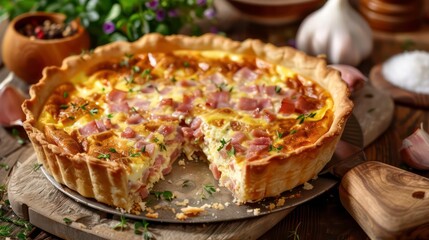 A freshly baked quiche with ham and cheese, a slice removed, on a wooden board, with fresh thyme and garlic cloves.