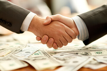 Two men shaking hands in front of a pile of money