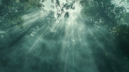 Poster -   A lush forest, brimming with emerald trees bathed in golden sunbeams and dappled light filtering through the foliage