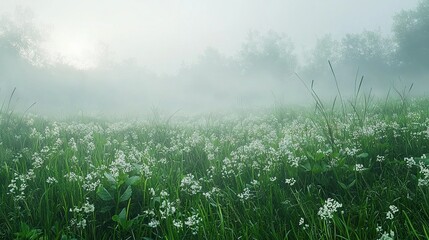 Poster -   A foggy field with white flowers in the foreground and trees in the background at midday