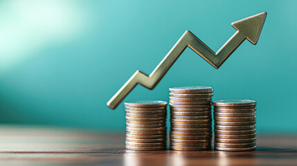 Poster - A stack of coins is on a table with a gold arrow pointing upwards