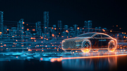 Wall Mural - A highly detailed illustration of an autonomous vehicle navigating through a smart city, with glowing sensors and data streams representing its connection 