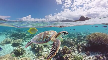 Sticker -  A green sea turtle glides over a vibrant coral reef as a playful group of raccoons frolics in the foreground