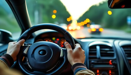 A person focused on driving holds the steering wheel in his hand, a clear view inside the car shows the traffic situation, and the environment gives people a feeling of safety and concentration.