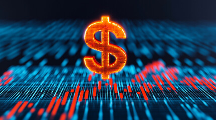 Wall Mural - A glowing dollar sign hovering over a holographic financial chart, with a sharp downward trend