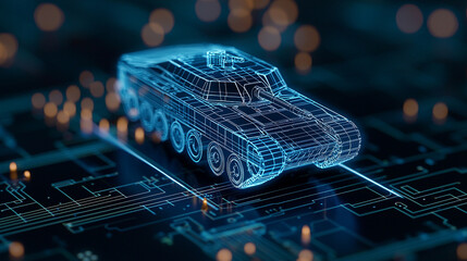 Wall Mural - A holographic blueprint of an advanced tank floating above a digital circuit board