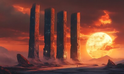 Poster - Solitary Figure Amidst Giant Stone Pillars and a Setting Sun