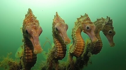 Canvas Print -   A cluster of seahorses resting atop lush green seaweed on the ocean floor adjacent to a water body