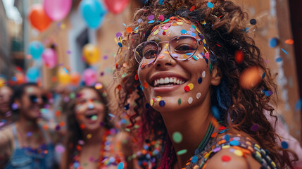 Canvas Print - A group of LGBTQ+ friends celebrating together at a Pride Parade, surrounded by colorful and joyful atmosphere