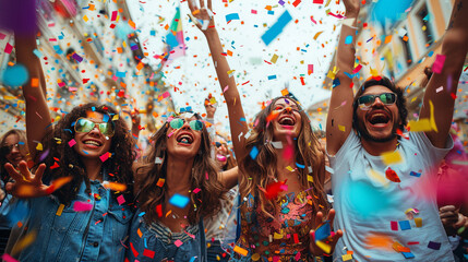 Canvas Print - A group of LGBTQ+ friends celebrating together at a Pride Parade, surrounded by colorful and joyful atmosphere