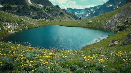 Poster -   A large body of water surrounded by a green hillside with wildflowers and snow-capped mountains