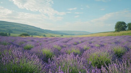 Sticker -   A field full of purple flowers under a blue sky with a mountain in the background and clouds in the sky