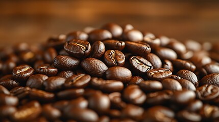 Close-up of a pile of roasted coffee beans on a brown wooden surface.