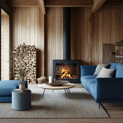 Two blue sofas near fireplace. Scandinavian home interior design of modern living room in chalet.