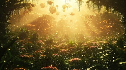 Wall Mural -  Sunlight glows brilliantly through tree foliage and blooming flowers in a lush green forest with pink flora