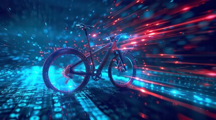 Wall Mural - a futuristic bicycle with glowing blue and red lights, a dark background and a digital pattern on th