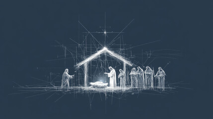 The Nativity. Mary and Joseph watch over baby Jesus in a barn, with shepherds nearby. Black and white digital illustration.