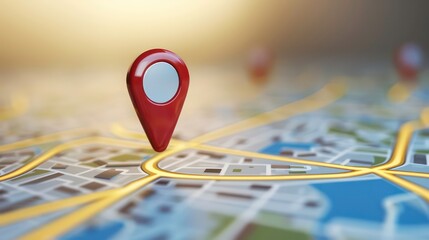 Wall Mural - a single red pin stands out on a city map with yellow streets and a blue lake, representing a specif