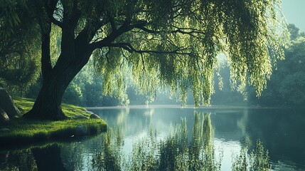 Sticker -   A tree by a body of water with a tree in the foreground and water in the background