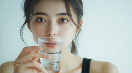 Wall Mural - A beautiful Japanese woman is drinking water from the glass. Portrait. close up view