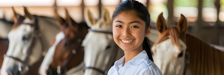 Wall Mural - A beautiful young woman smiles at the camera while standing in front of horses in a stable 