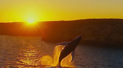 Poster -   A majestic humpback whale leaping from water's edge during a picturesque sunset above a vast expanse