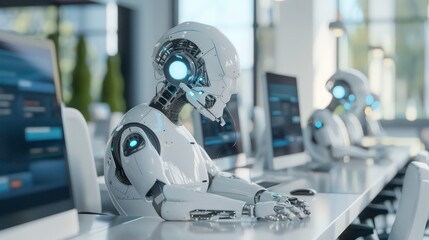 Poster - A row of white robots with headsets are working on computers in a modern office.