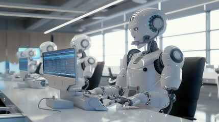 Poster - A row of white humanoid robots are working in a modern office. They are all wearing headsets and looking at computer screens.