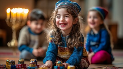 Children joyfully playing with dreidels during Hanukkah celebrations in a warmly decorated room with a menorah and festive decorations