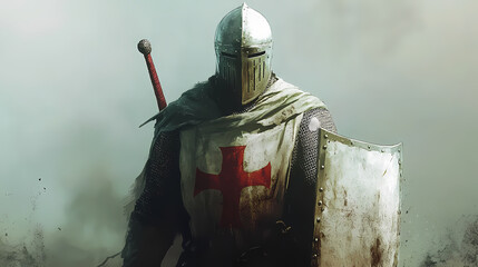 Portrait of knight templar, medieval warrior wearing helmet, standing on battlefield with sword and shield. generative ai. Knight. Illustration