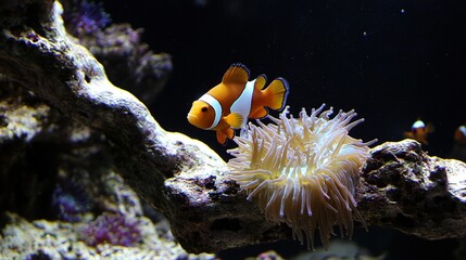 Poster -   An orange-white clownfish resting on a white sea anemone in an aquarium, surrounded by more anemones